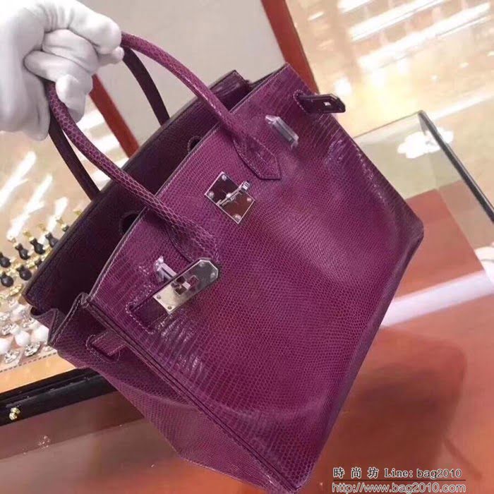 HERMES愛馬仕 鉑金包 Birkin 25cm 蜥蜴 Lizard leather 海葵紫 銀扣 蠟線手縫 時尚手提包  Ama1152